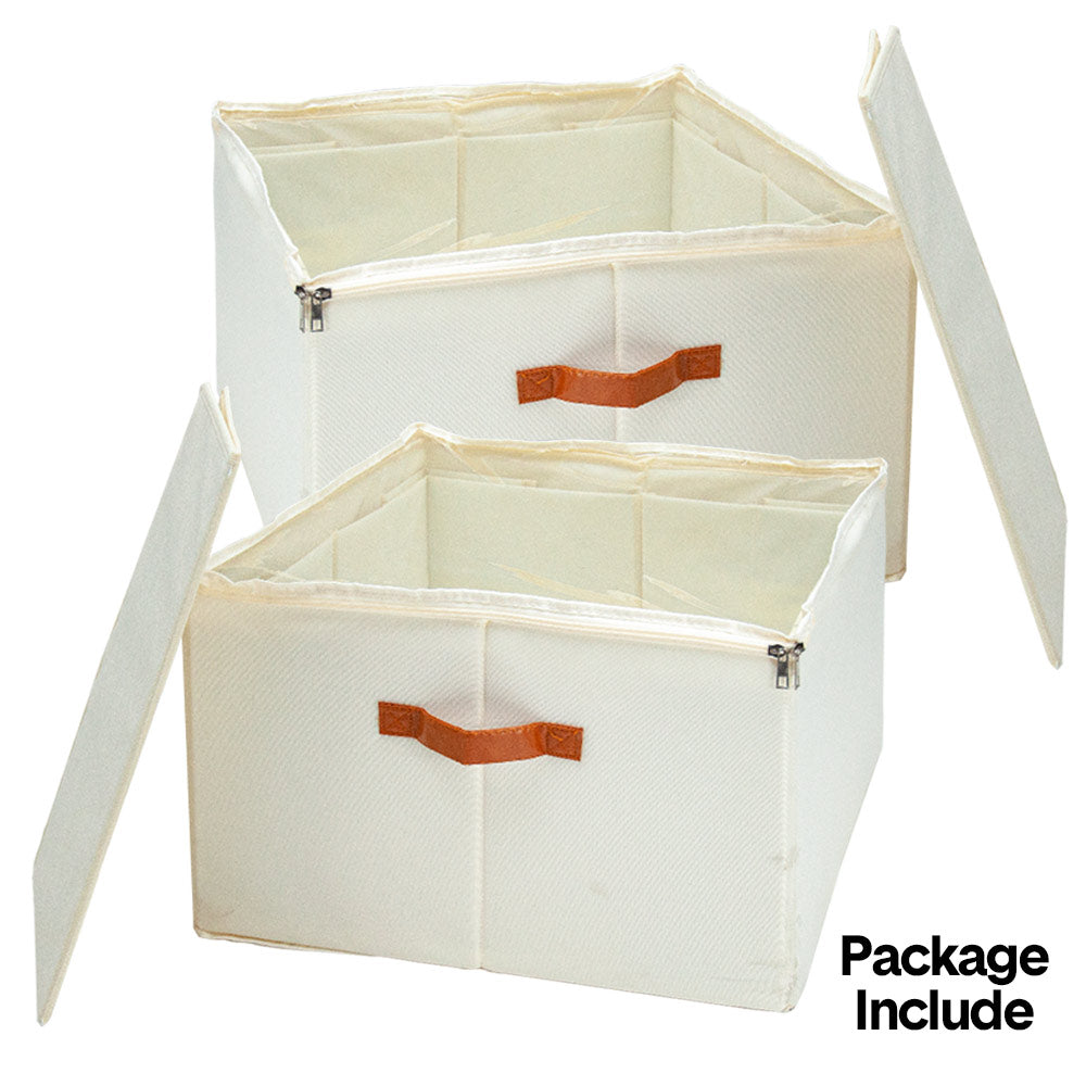 2 Pack Shoe Organizer Zipper Clear Lid Fabric Shoe Storage Box Space Saving Beige Shoe Holder for Closet and Adjustable Dividers Fits up to 16 Pairs