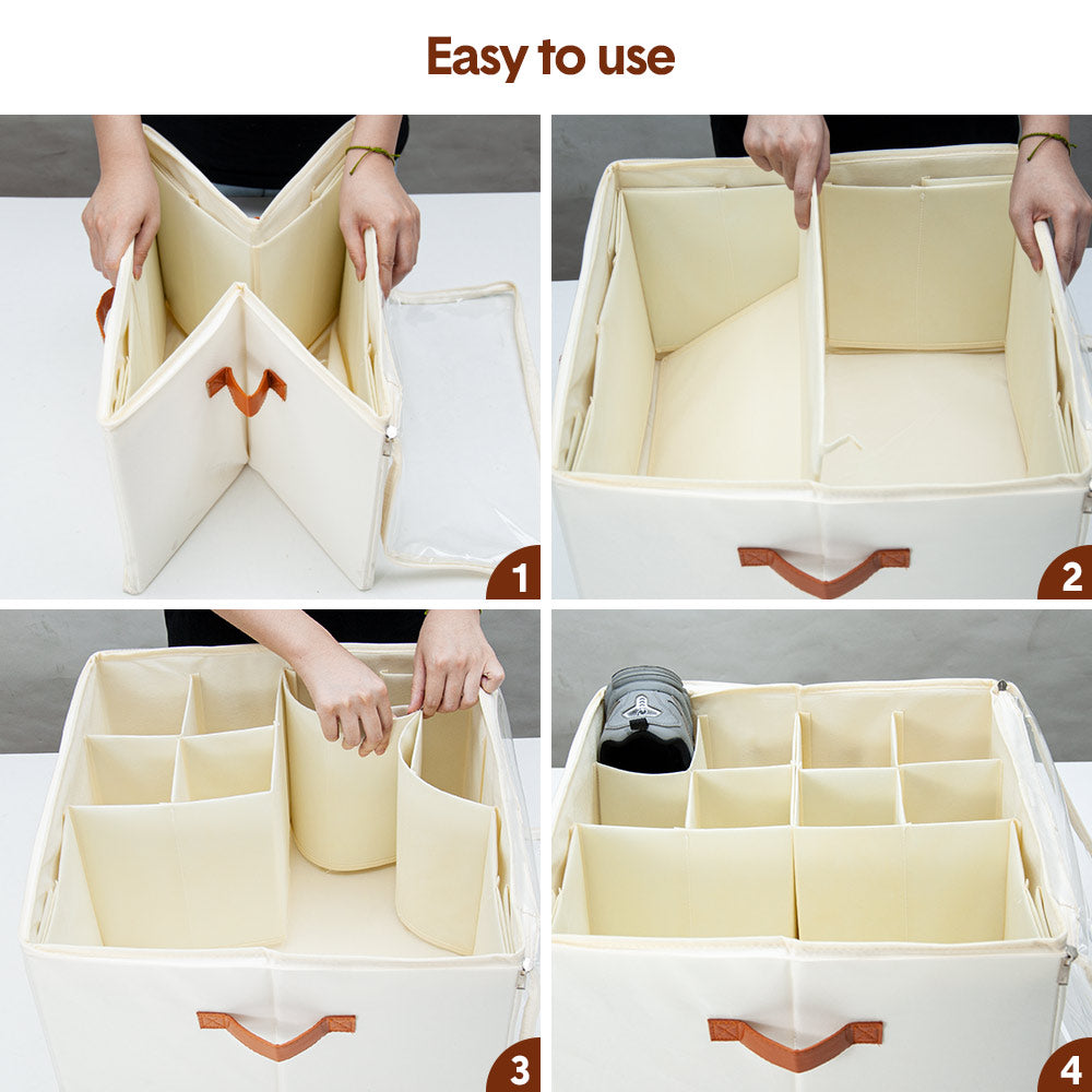 2 Pack Shoe Organizer Zipper Clear Lid Fabric Shoe Storage Box Space Saving Beige Shoe Holder for Closet and Adjustable Dividers Fits up to 16 Pairs