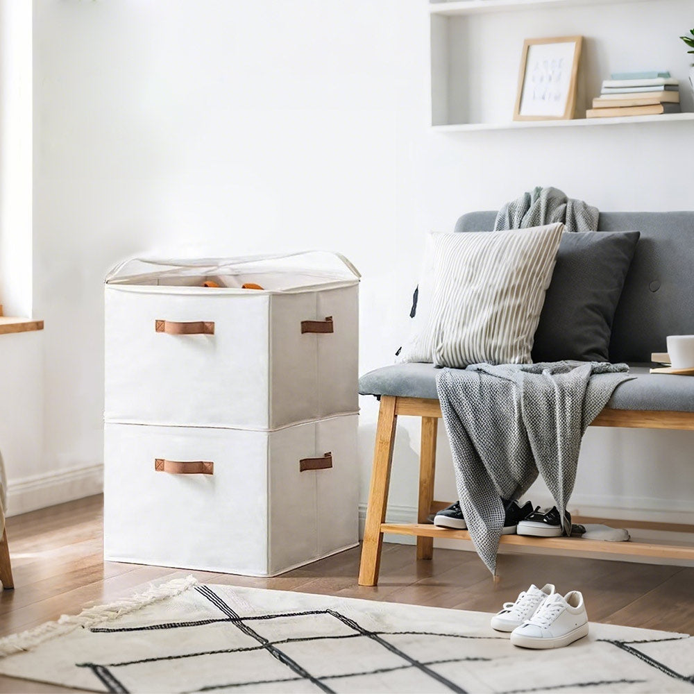 2 Pack Shoe Organizer Zipper Clear Lid Fabric Shoe Storage Box Space Saving Beige Shoe Holder for Closet and Adjustable Dividers Fits up to 16 Pairs