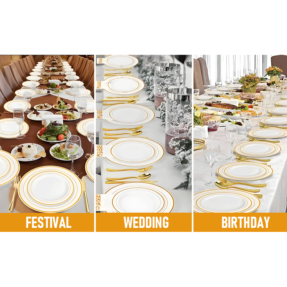 175pcs Food-Grade Wedding Event Banquet Disposable Tableware Dinnerware Gold-Edged Plastic Cutlery Pack of 25 Dining Sets Plates Cutlery Napkins