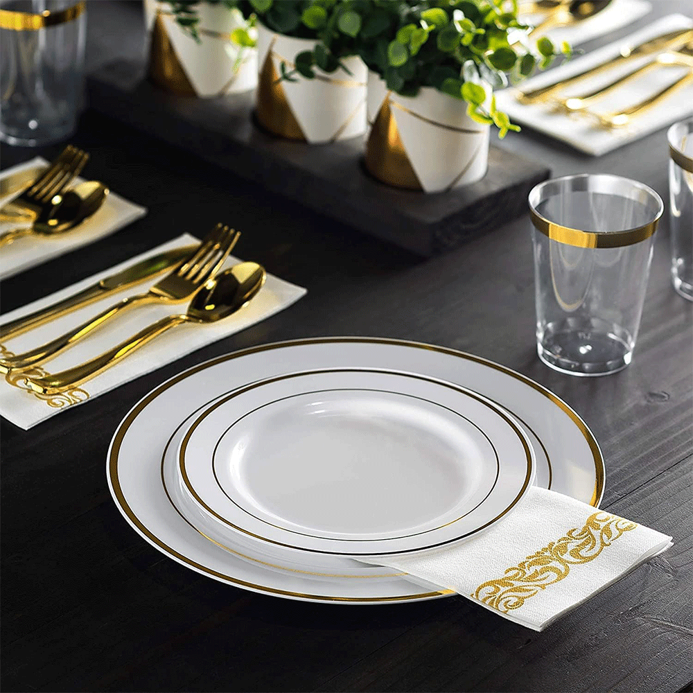 175pcs Food-Grade Wedding Event Banquet Disposable Tableware Dinnerware Gold-Edged Plastic Cutlery Pack of 25 Dining Sets Plates Cutlery Napkins