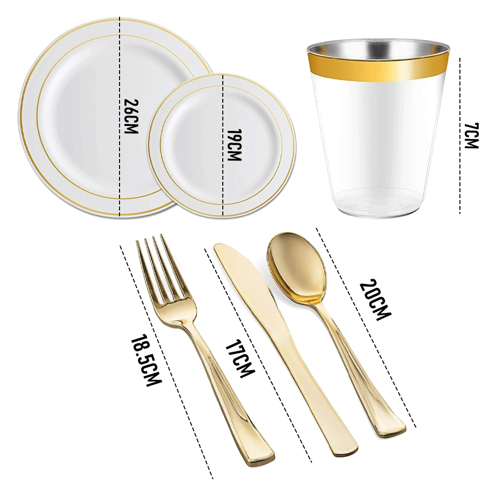175pcs Food-Grade Wedding Event Banquet Disposable Tableware Dinnerware Gold-Edged Plastic Cutlery Pack of 25 Dining Sets Plates Cutlery Napkins