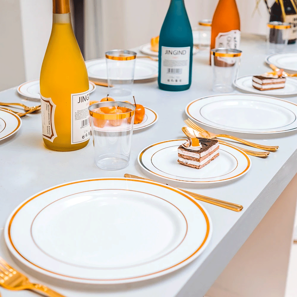 175pcs Food-Grade Wedding Event Banquet Disposable Tableware Dinnerware Gold-Edged Plastic Cutlery Pack of 25 Dining Sets Plates Cutlery Napkins