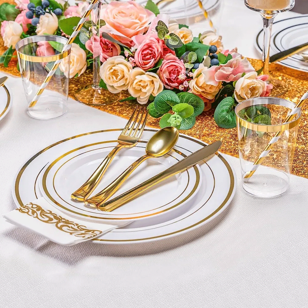 175pcs Food-Grade Wedding Event Banquet Disposable Tableware Dinnerware Gold-Edged Plastic Cutlery Pack of 25 Dining Sets Plates Cutlery Napkins