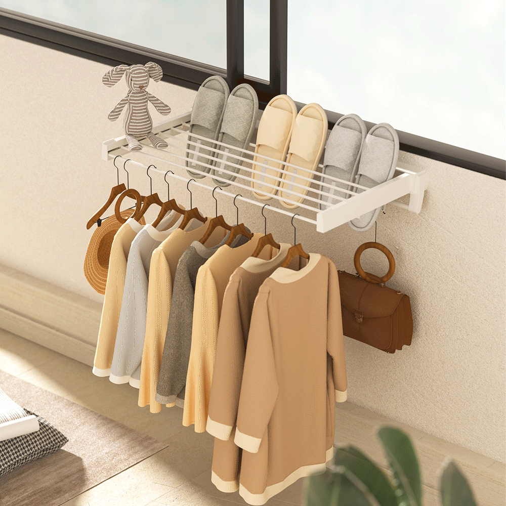 Alston Wall Mounted Drying Rack Clothes Airer Space Saver Folding Dryer Bearing Capacity 12KG Foldable Rail With Hooks Indoor Outdoor Balcony Laundry White