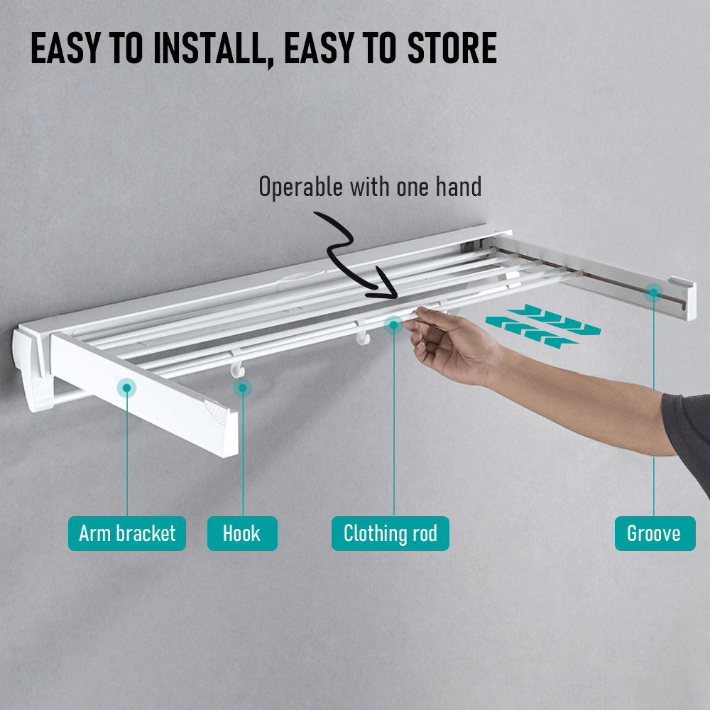 Alston Wall Mounted Drying Rack Clothes Airer Space Saver Folding Dryer Bearing Capacity 12KG Foldable Rail With Hooks Indoor Outdoor Balcony Laundry White