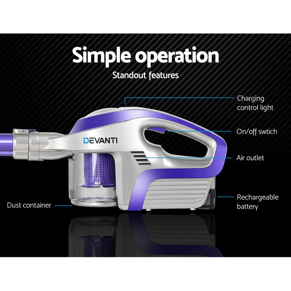 Devanti 150W Cordless Stick Vacuum Cleaner Bagless Purple