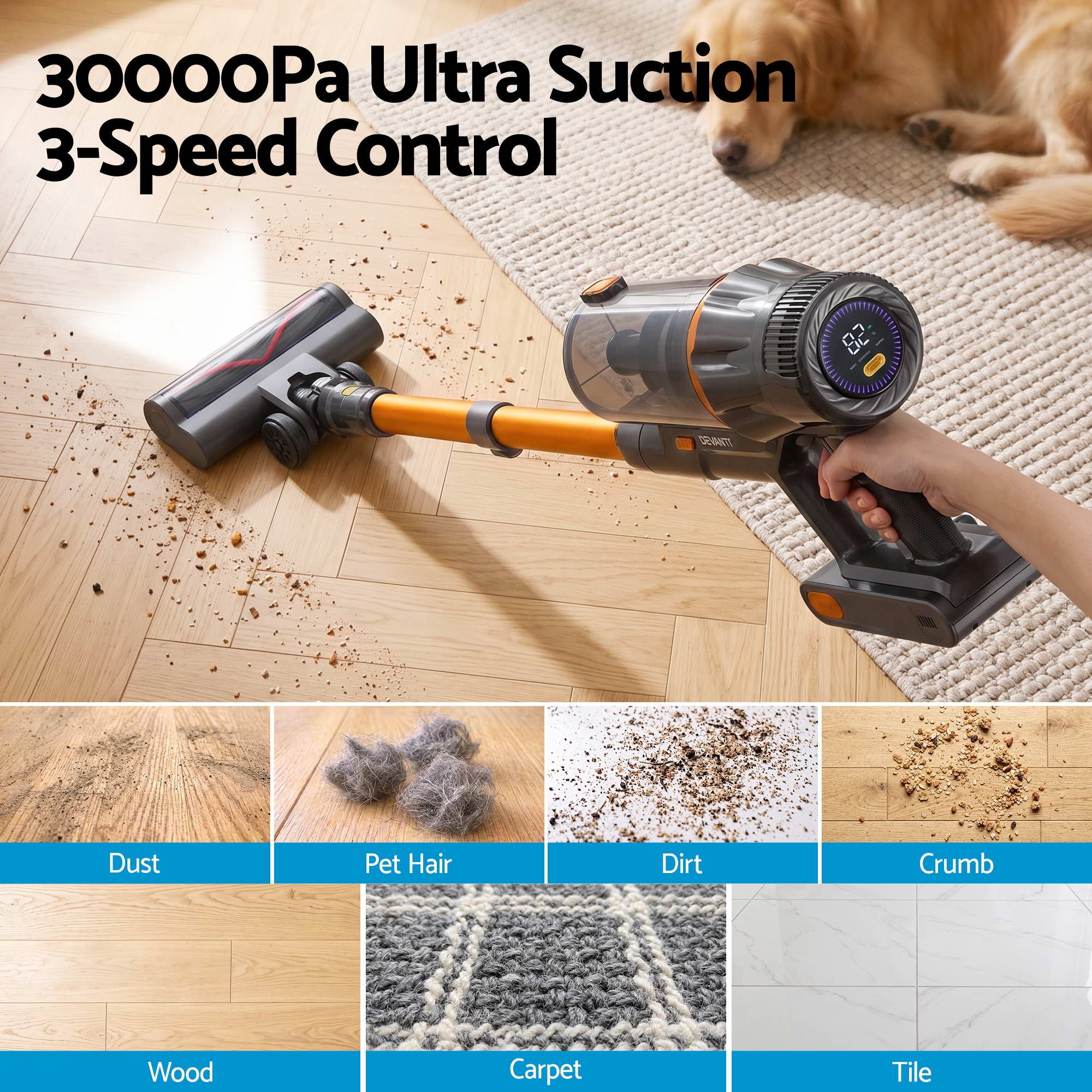 DEVANTI 30000Pa Cordless Stick Vacuum Cleaner 4-in-1 Handheld Vac, Gold