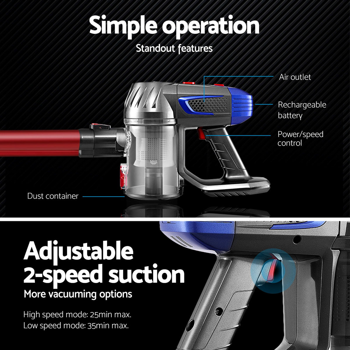 Devanti 150W Cordless Stick Vacuum Cleaner Bagless Red
