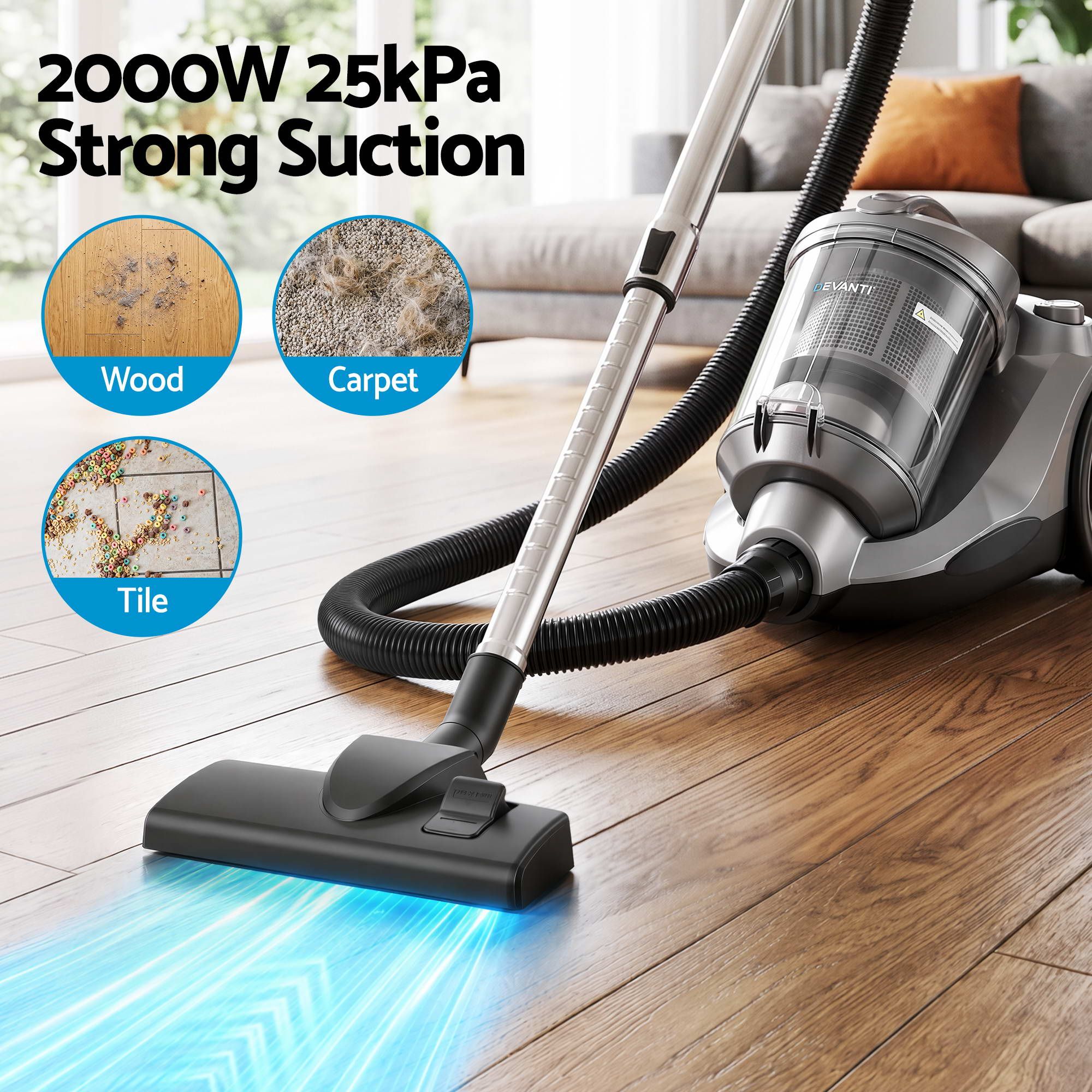 Devanti Vacuum Cleaner Bagless Canister 2000W 25kPa Powerful Suction 4L
