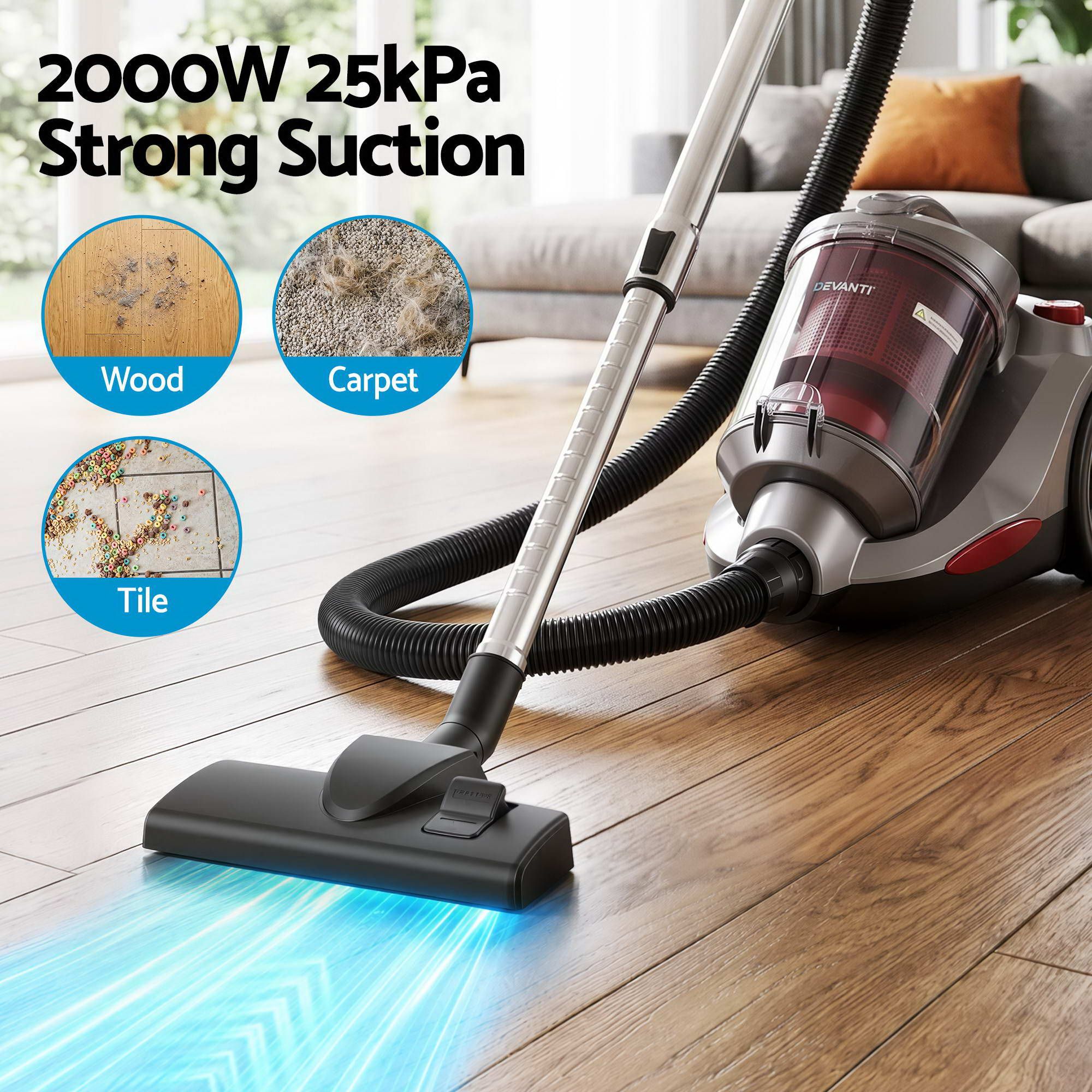 Devanti Vacuum Cleaner Bagless Canister 2000W 25kPa Powerful Suction 4L