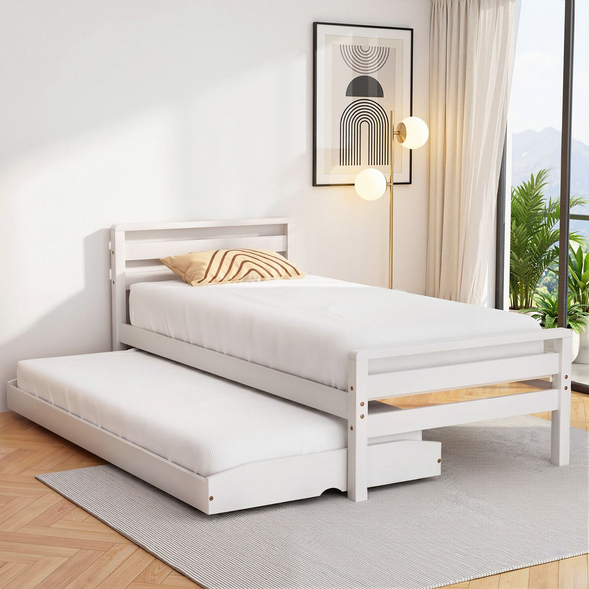 Avis Single 2-in-1 Trundle Bed Frame Wooden White