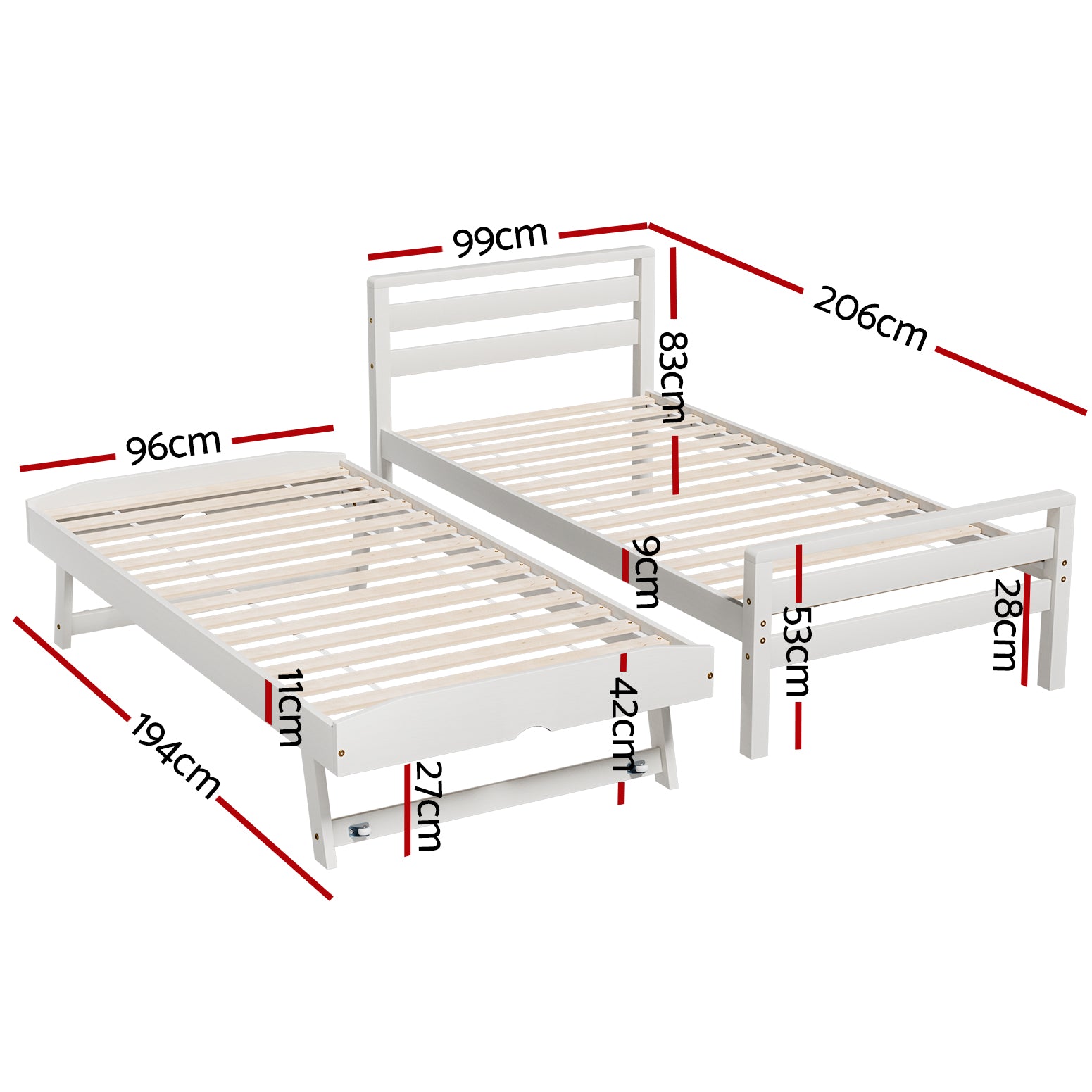 Avis Single Bed Frame 2-in-1 Trundle Wooden White