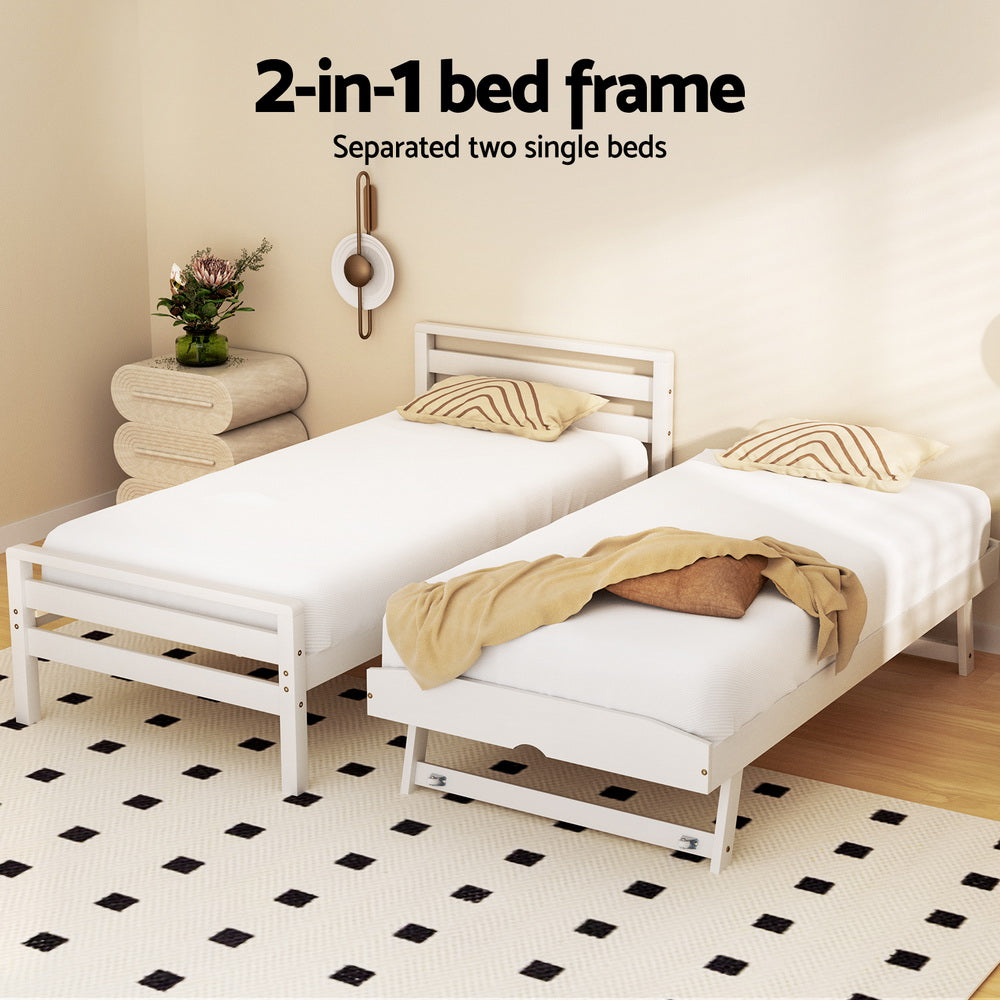 Avis Single Bed Frame 2-in-1 Trundle Wooden White