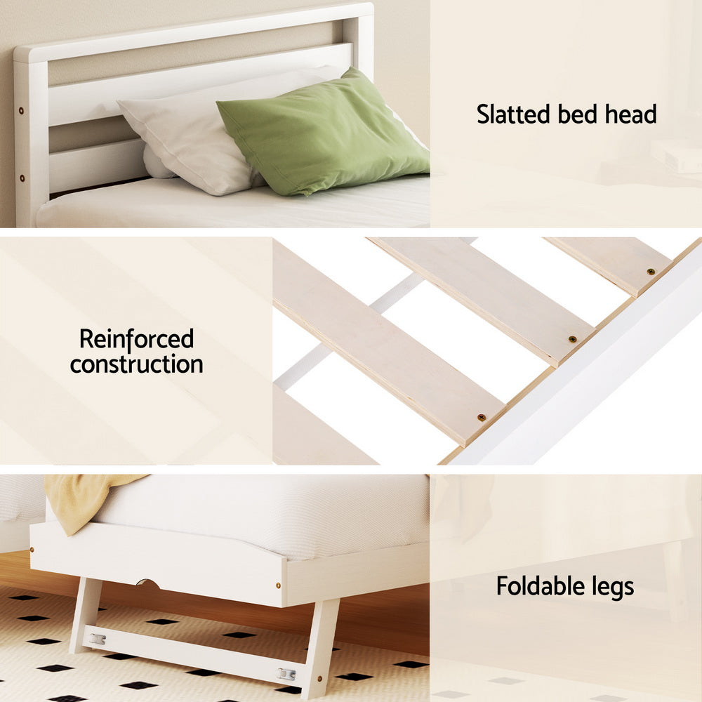 Avis Single Bed Frame 2-in-1 Trundle Wooden White