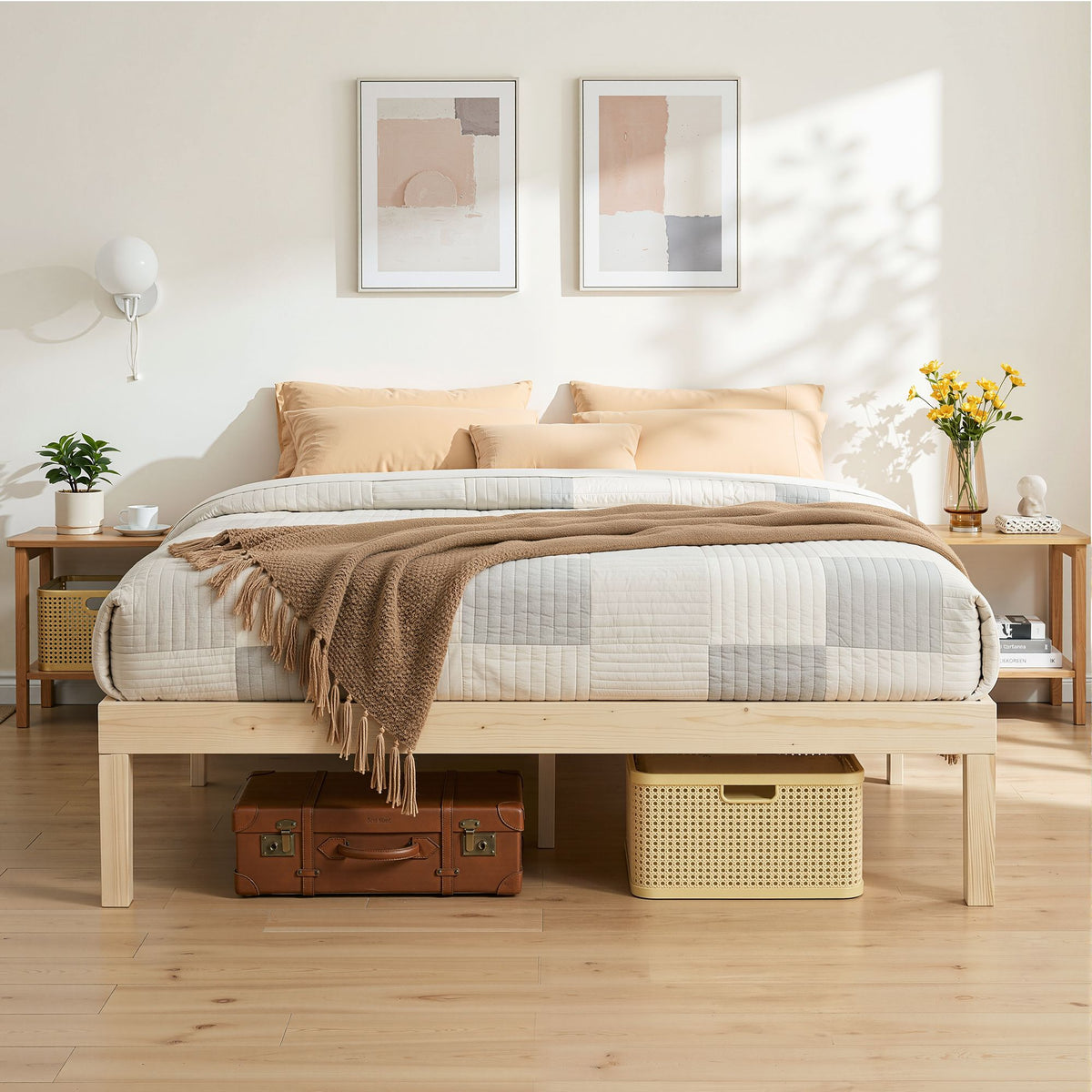 Bruno Queen Wooden Platform Bed Frame Timber Pine
