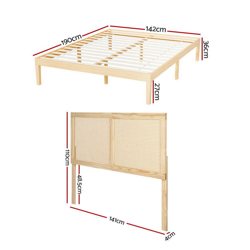 BRUNO Double Bed Frame Rattan Headboard Pine