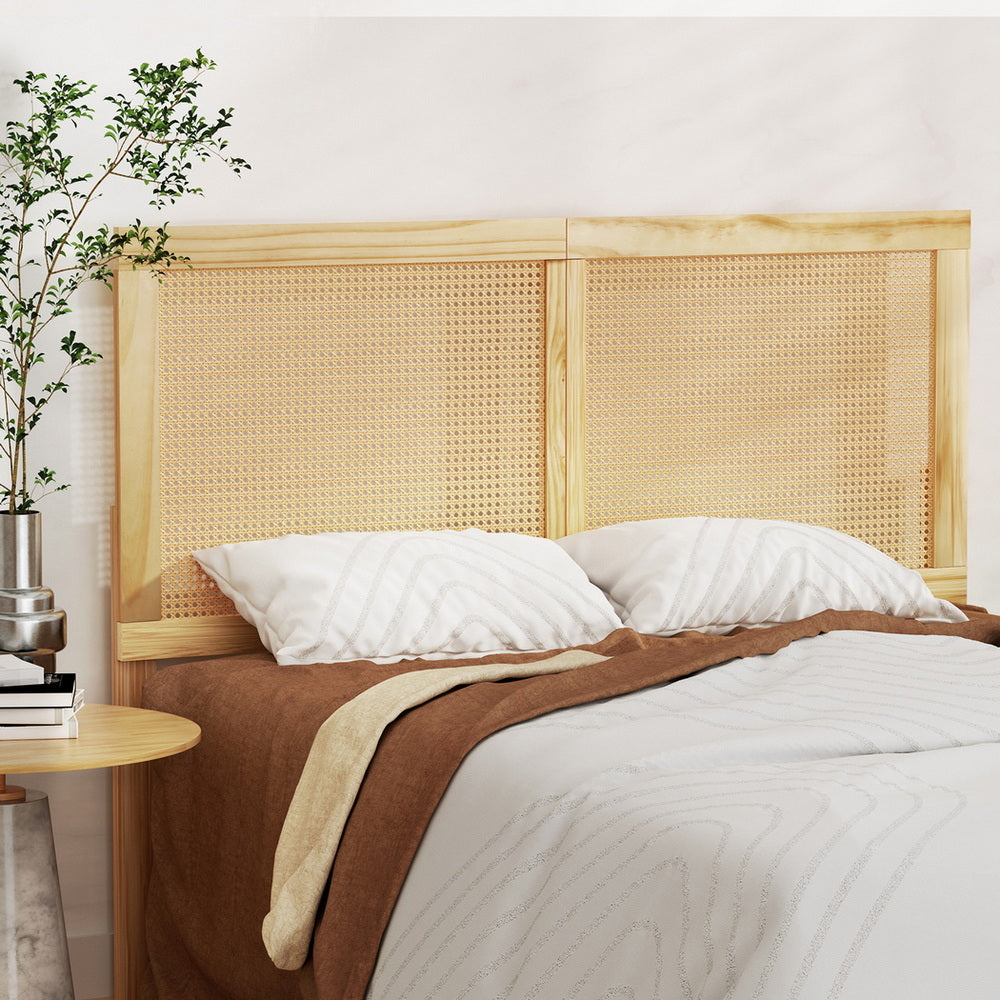 BRUNO Double Bed Frame Rattan Headboard Pine