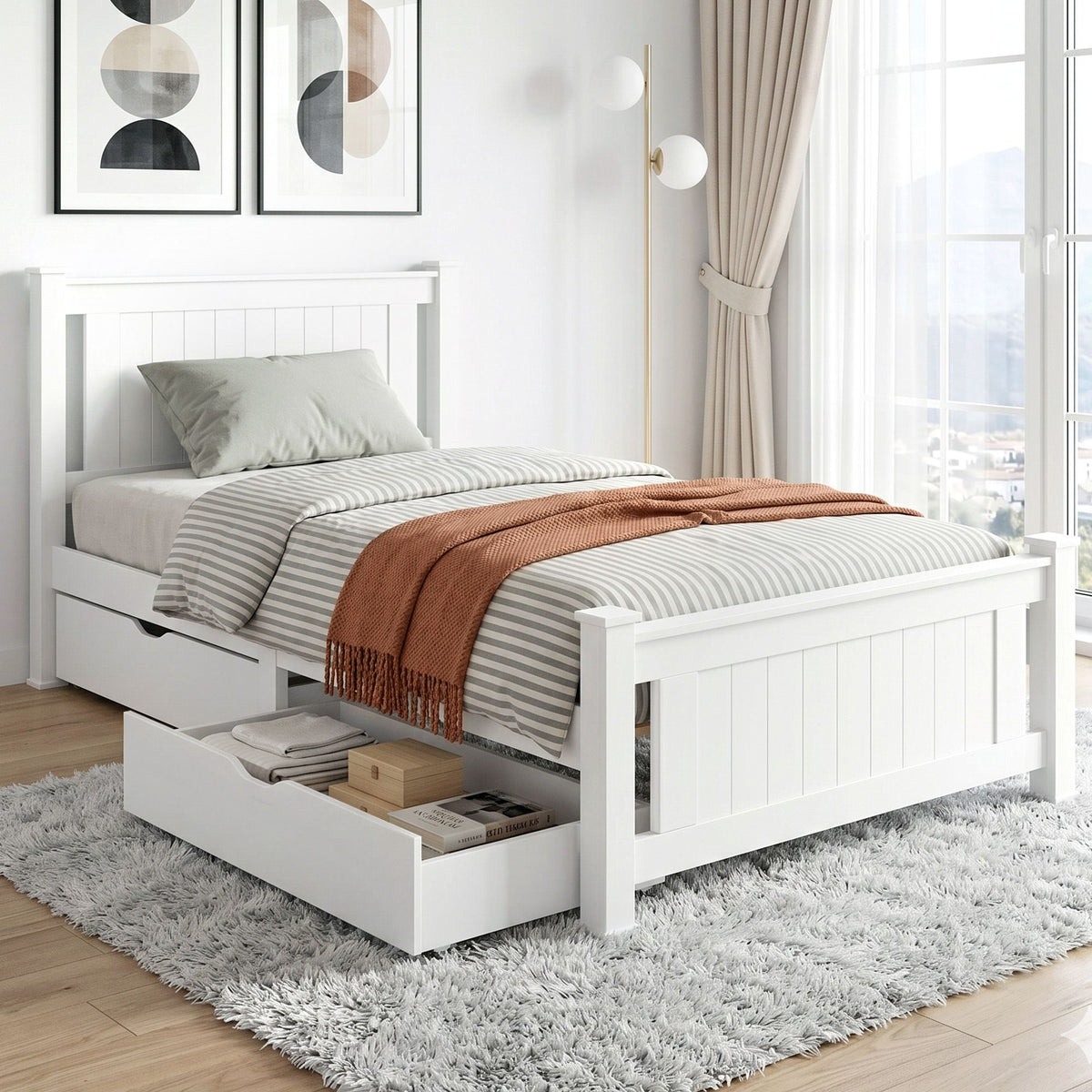 Rio King Single Bed Frame with 2 Storage Drawers White