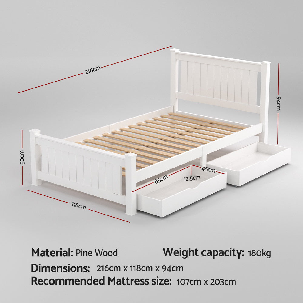 RIO King Single Wooden Platform Bed Frame 2 Storage Drawers White
