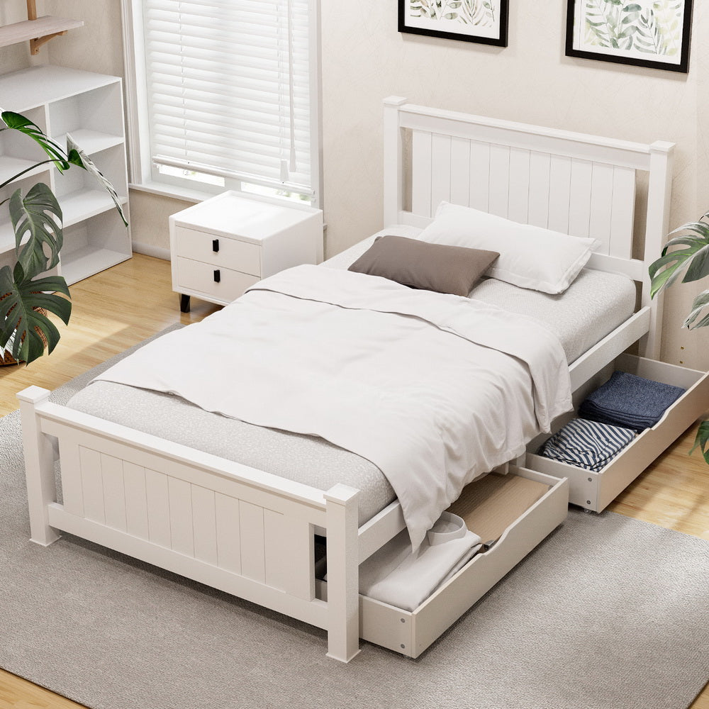 RIO King Single Wooden Platform Bed Frame 2 Storage Drawers White