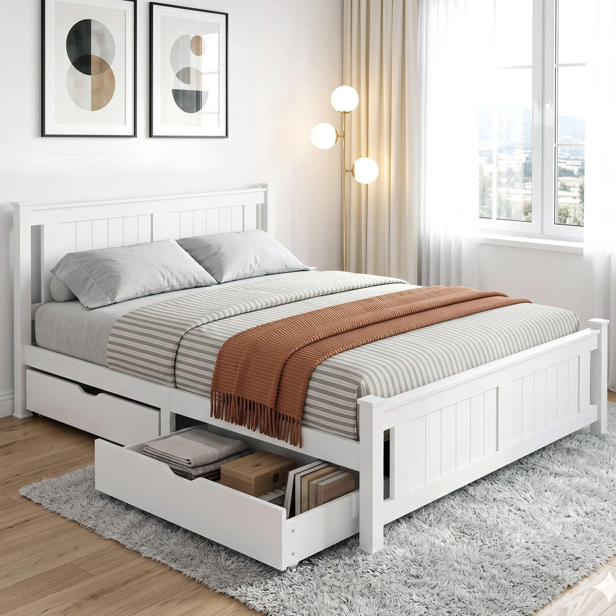 Rio Queen Bed Frame Wooden Platform with 2 Storage Drawers White