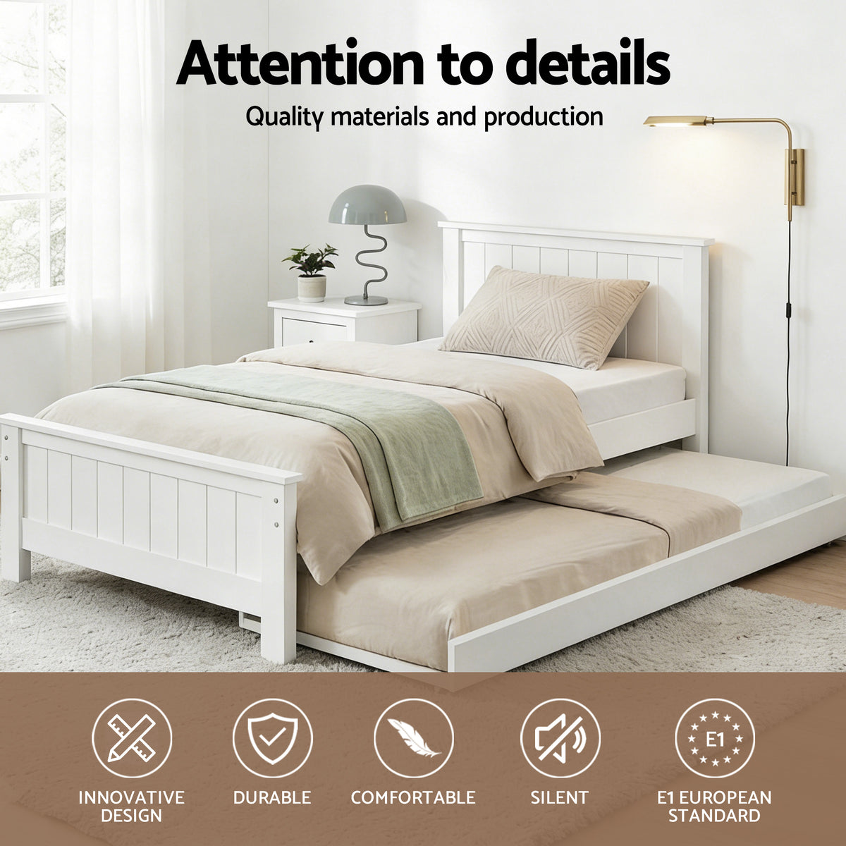 Elvis King Single Wooden Trundle Bed Frame White