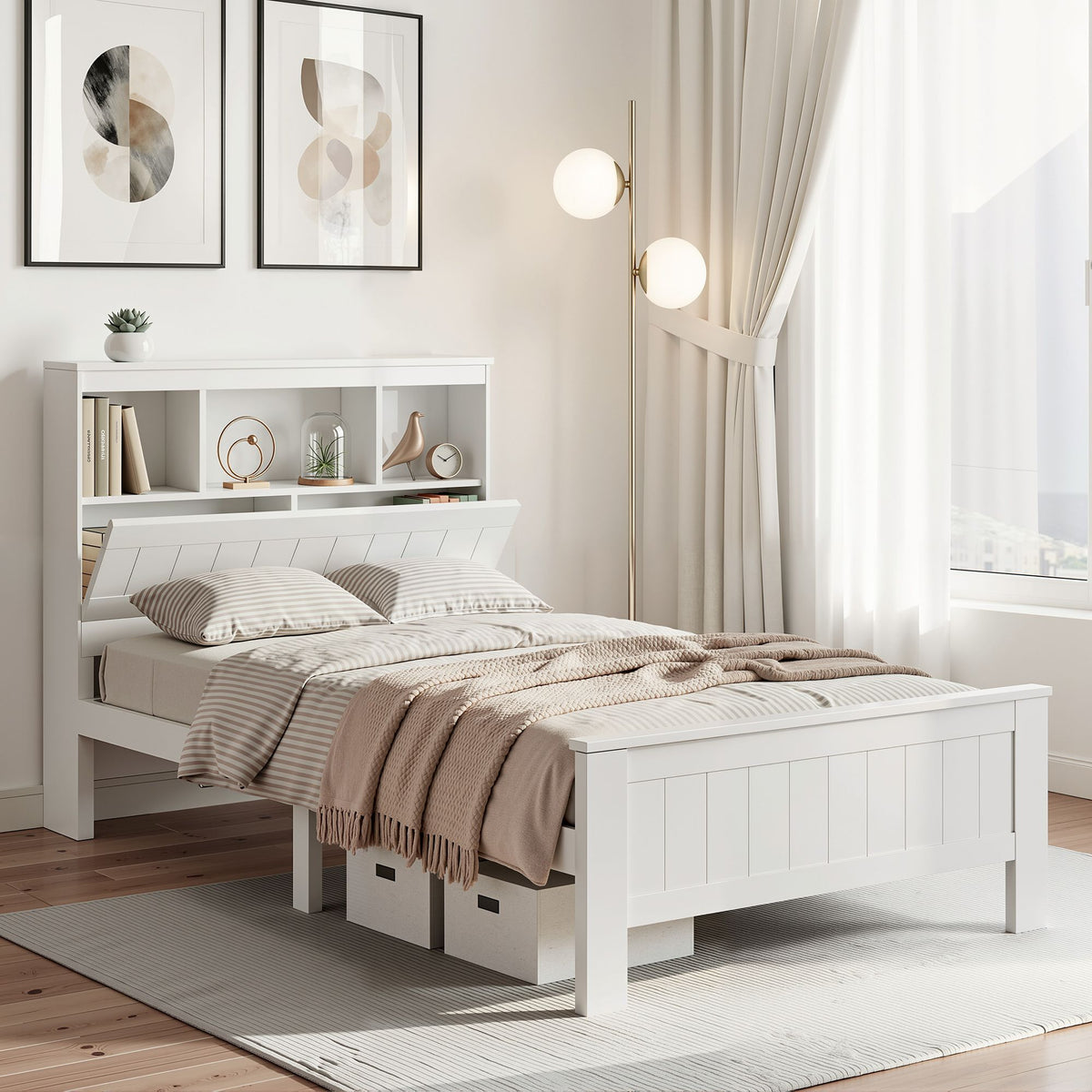 Conqueror King Single Wooden Bed Frame with Shelf Headboard White