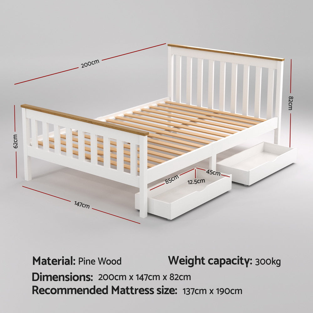 Pony Double Wooden Platform Bed Frame 2 Storage Drawers White