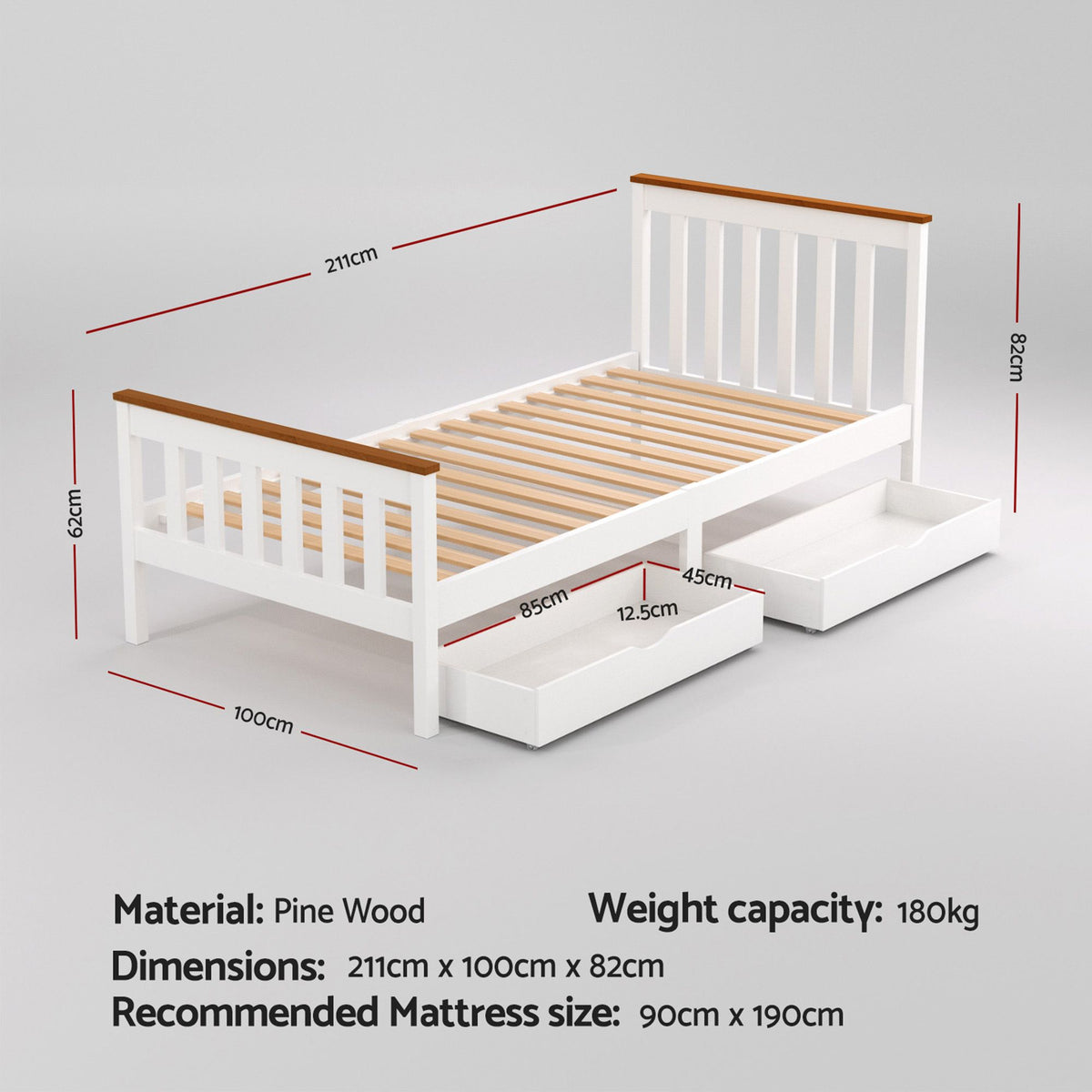 Pony Single Wooden Platform Bed Frame with 2 Storage Drawers White