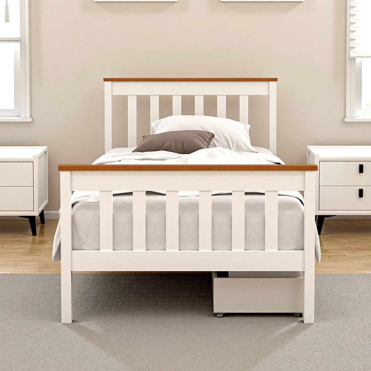 Pony Single Wooden Platform Bed Frame with 2 Storage Drawers White
