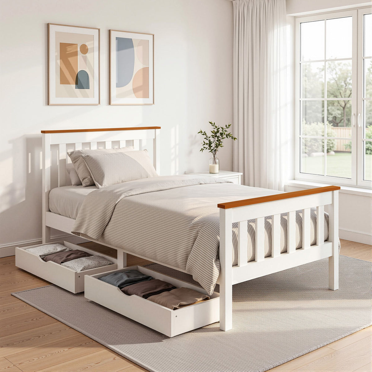 Pony Single Wooden Platform Bed Frame with 2 Storage Drawers White