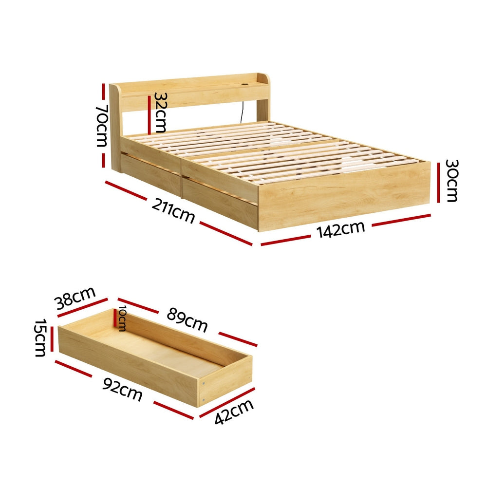 Aura Double Bed Frame Charging Ports 2 Drawers Wood