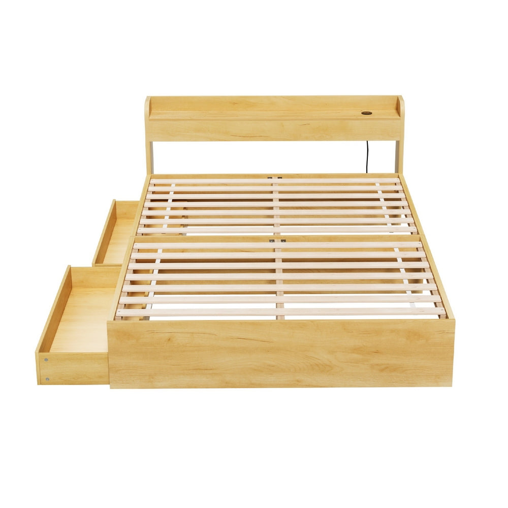 Aura Double Bed Frame Charging Ports 2 Drawers Wood