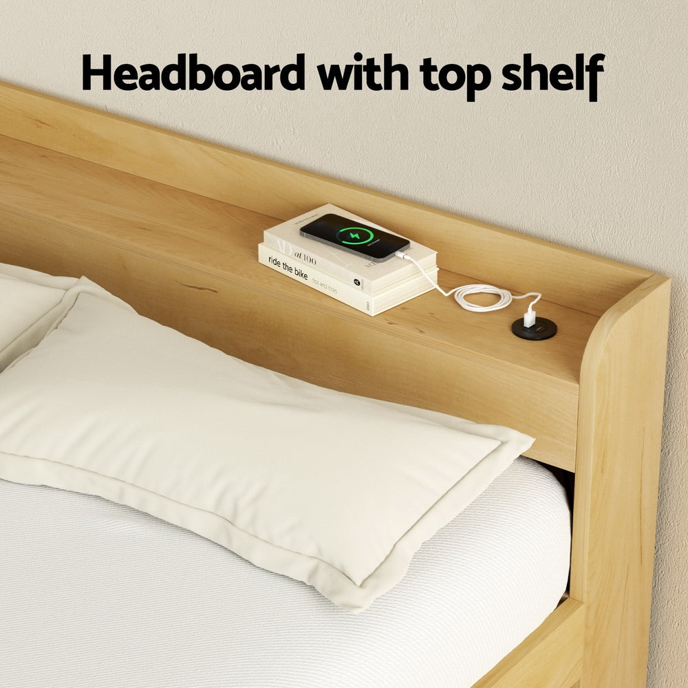 Aura Double Bed Frame Charging Ports 2 Drawers Wood