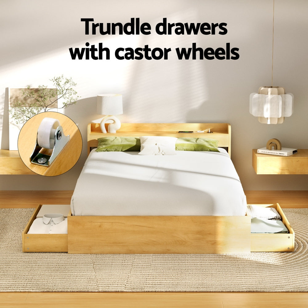 Aura Double Bed Frame Charging Ports 2 Drawers Wood