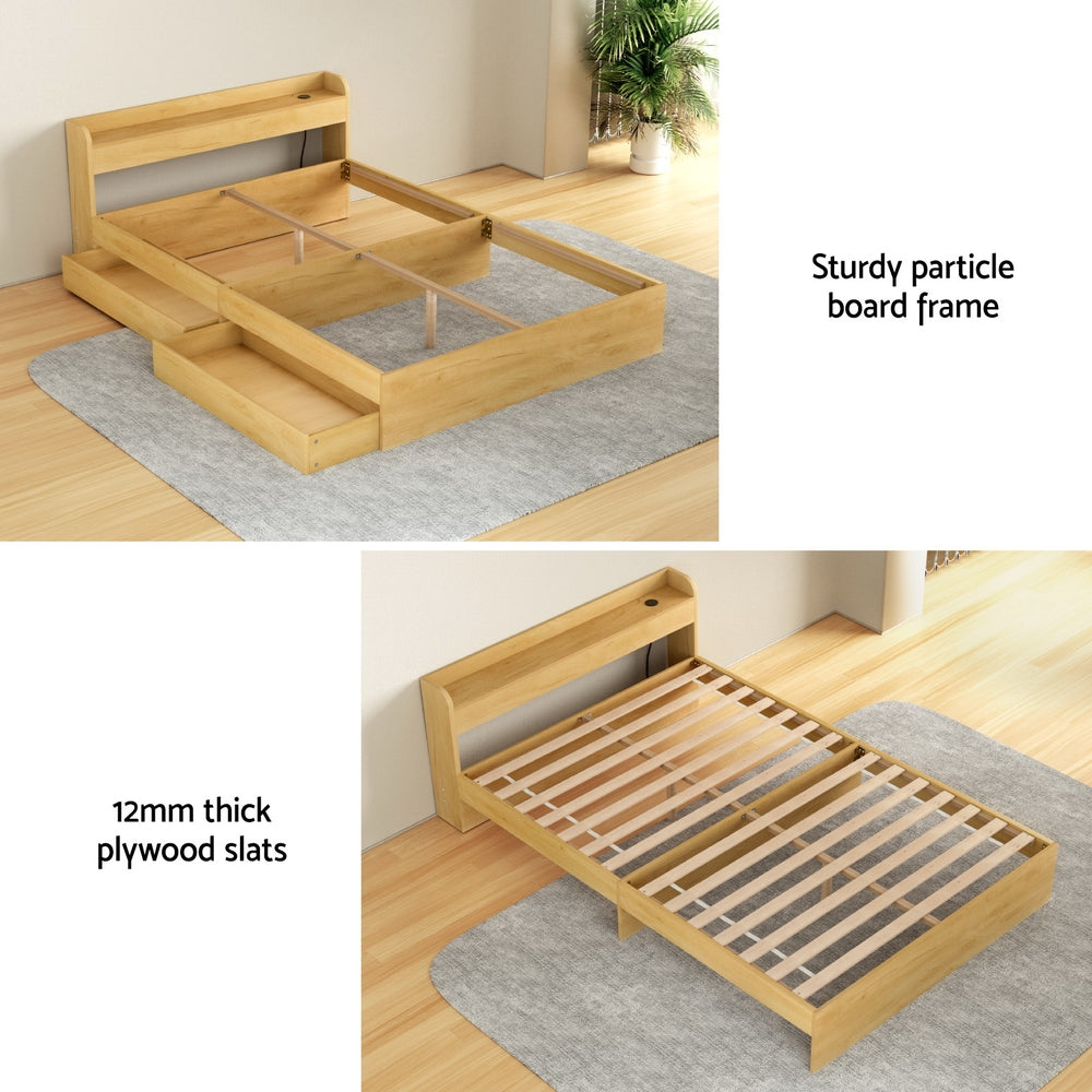 Aura Double Bed Frame Charging Ports 2 Drawers Wood