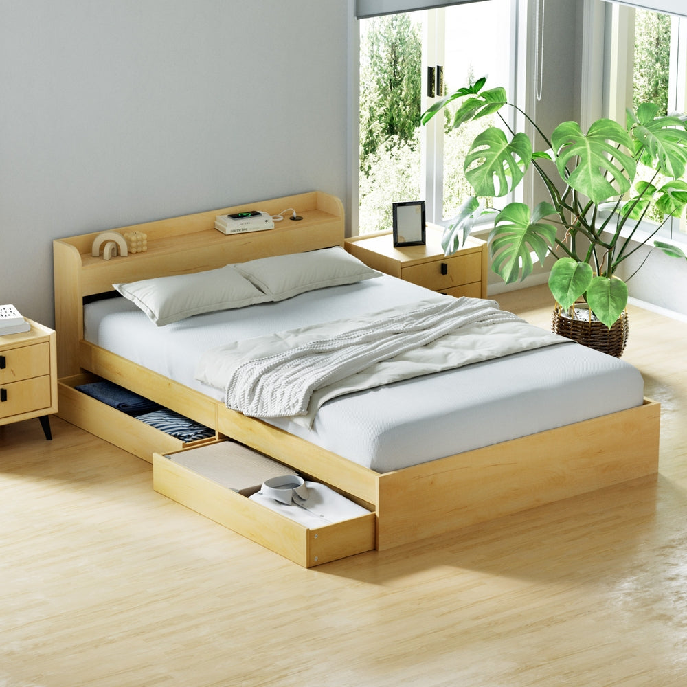 Aura Double Bed Frame Charging Ports 2 Drawers Wood
