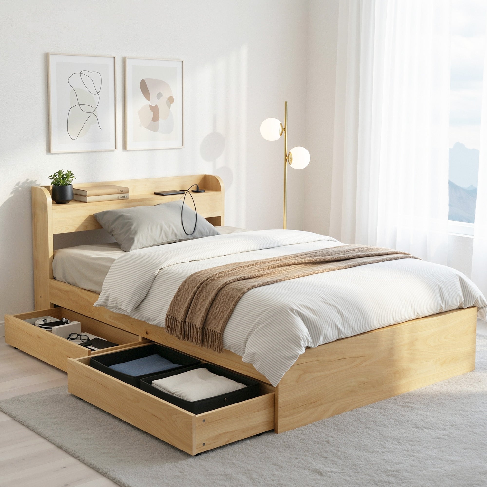 Artiss King Single Bed Frame with 2 Drawers Platform Bed with Headboard Bed Base with USB Ports Natural