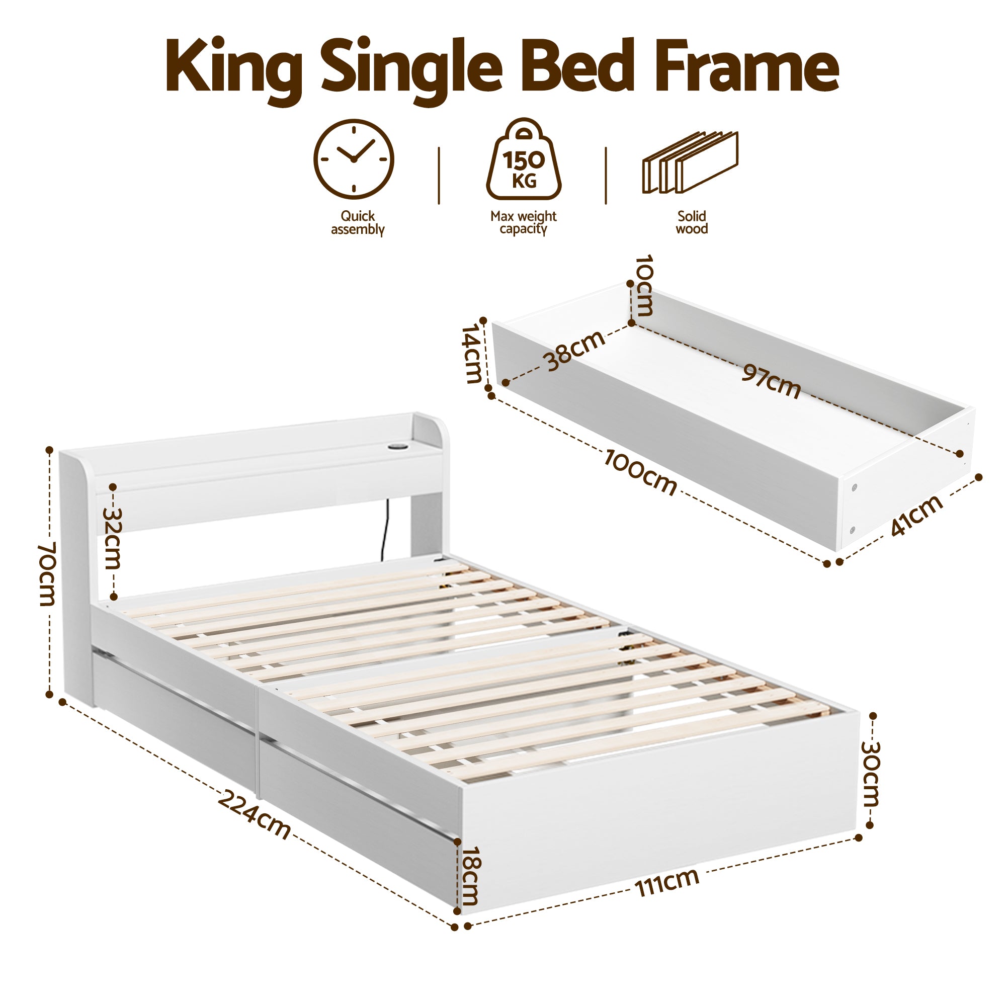 Artiss Bed Frame Single Size with Charging Ports and 2 Drawers AURA
