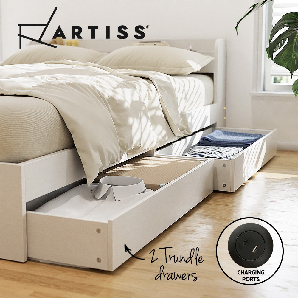 Aura Single Bed Frame Charging Ports 2 Drawers White