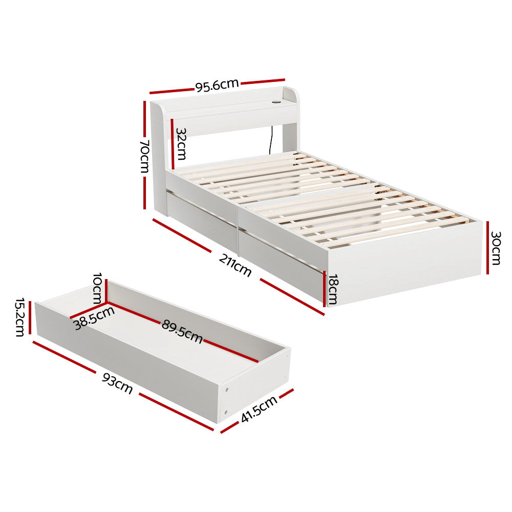 Aura Single Bed Frame Charging Ports 2 Drawers White