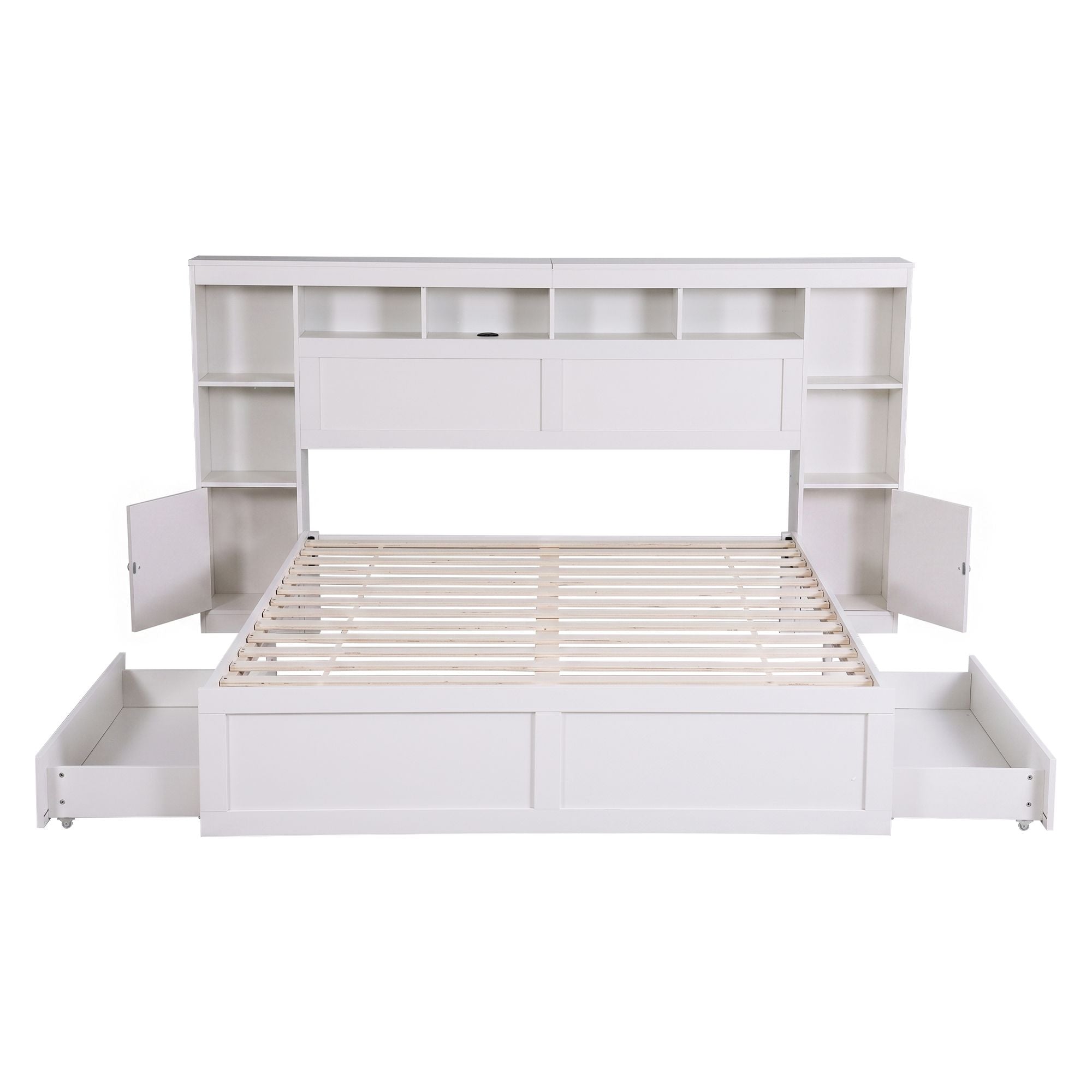 Artiss Queen Bed Frame with Storage Bookcase Headboard, USB & Type-C Ports & Drawers White
