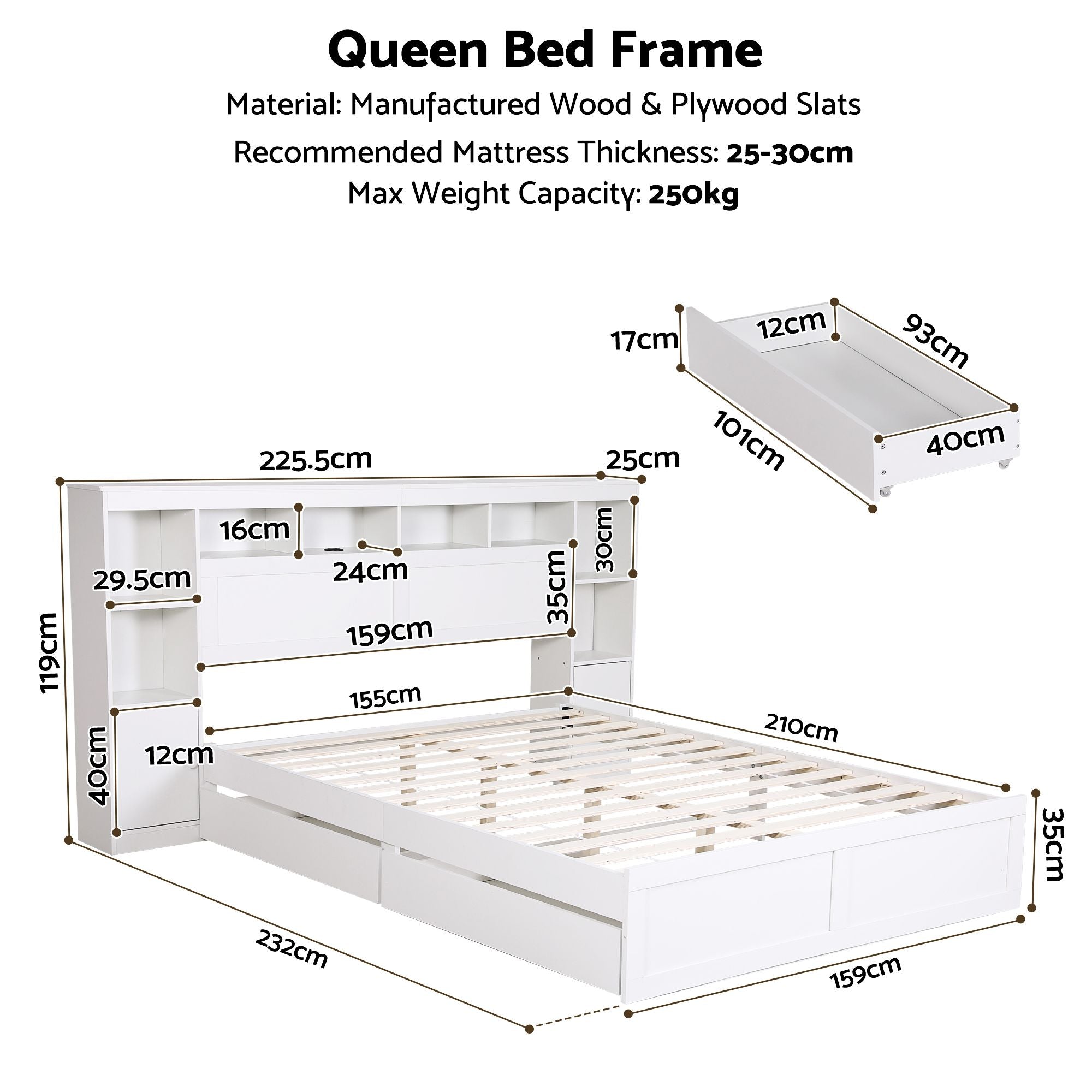Artiss Queen Bed Frame with Storage Bookcase Headboard, USB & Type-C Ports & Drawers White