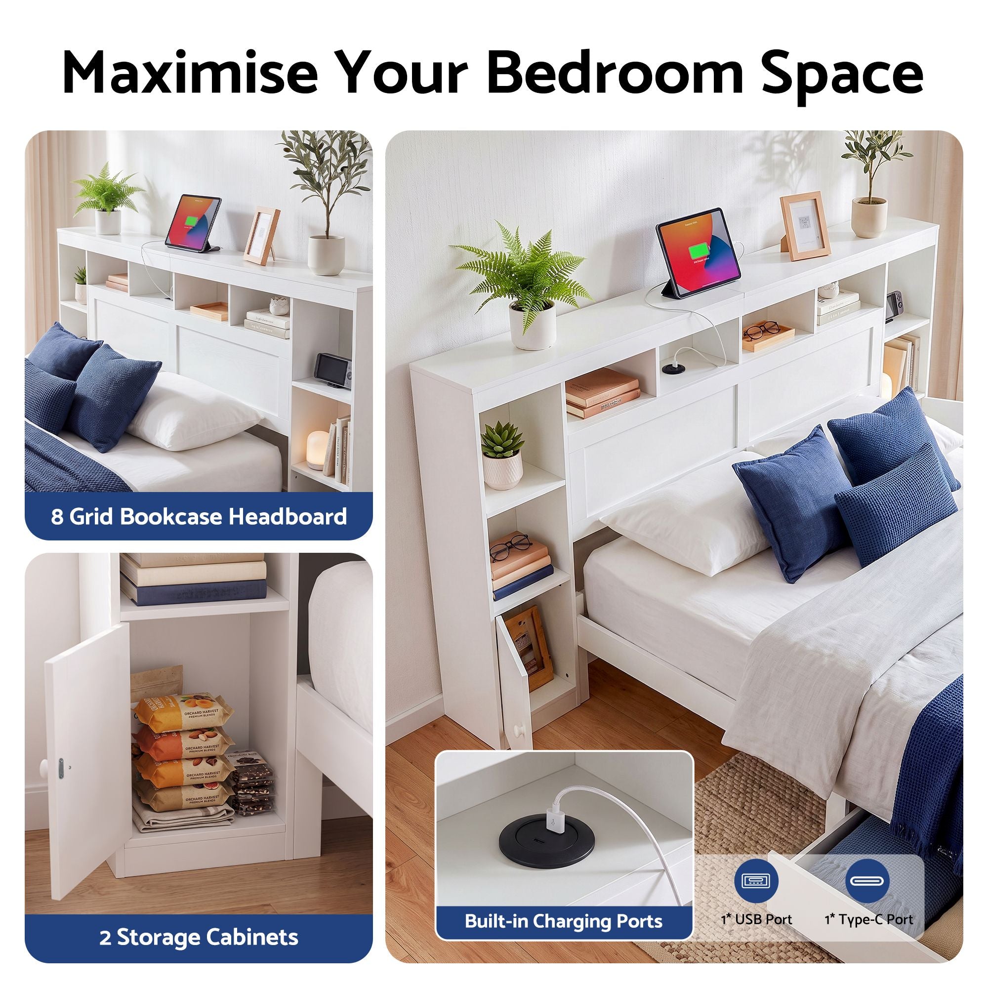 Artiss Queen Bed Frame with Storage Bookcase Headboard, USB & Type-C Ports & Drawers White