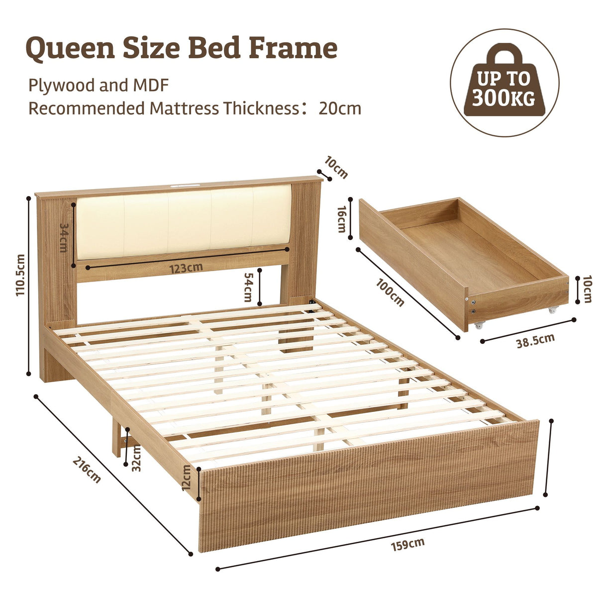 Artiss Queen Bed Frame with Drawers and Charging Station