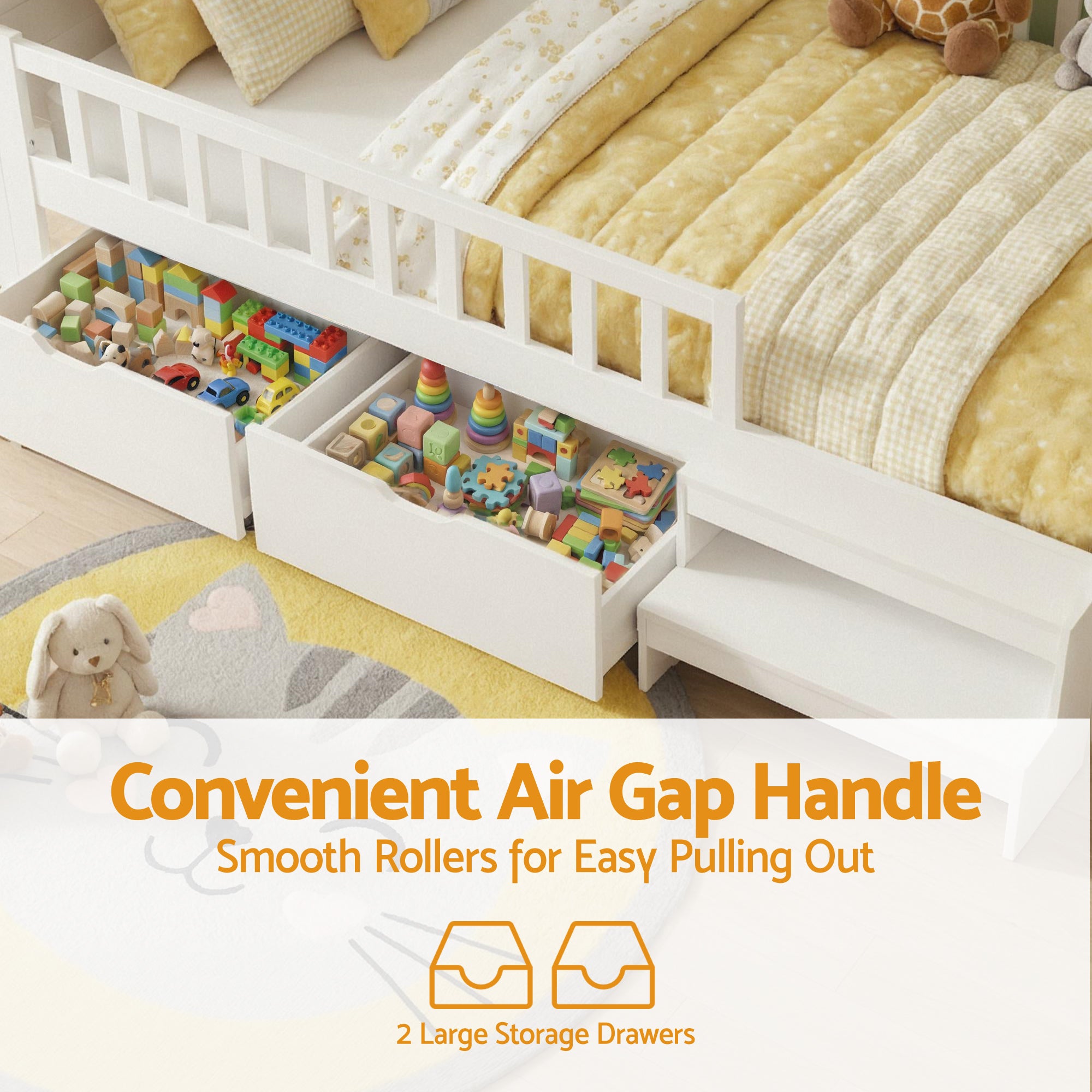 Artiss Single Bed Frame with 2 Storage Drawers, Montessori Bed with Headboard, 2 USB Ports & Led Light, Solid Wood Platform Bed Base with Safety Rail & Ladder, 31CM Under-Bed Storage, White