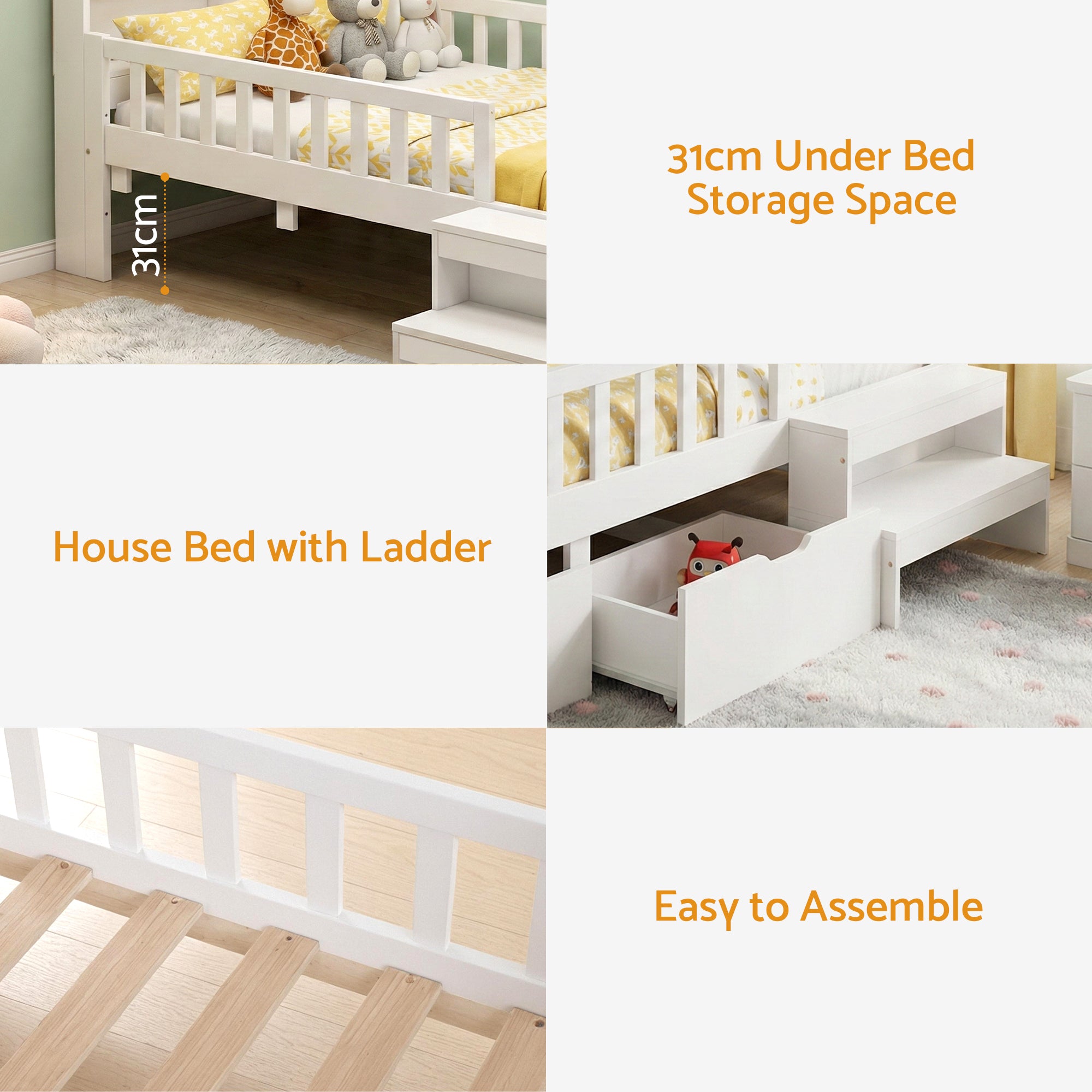 Artiss Single Bed Frame with 2 Storage Drawers, Montessori Bed with Headboard, 2 USB Ports & Led Light, Solid Wood Platform Bed Base with Safety Rail & Ladder, 31CM Under-Bed Storage, White