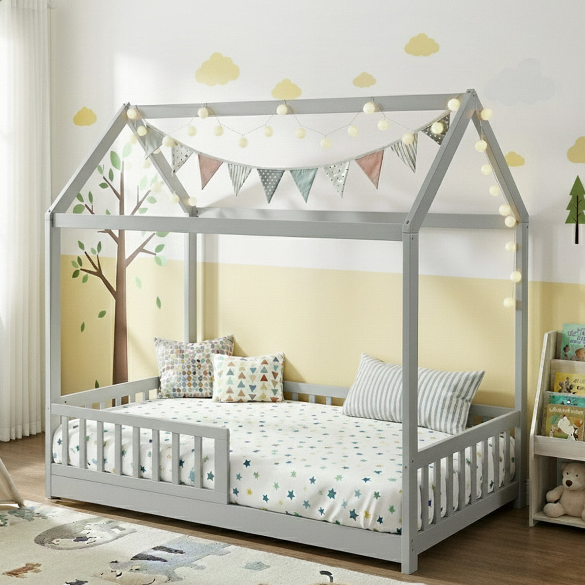 Rock Solid Pine Wooden Kids House Bed Frame Single Grey
