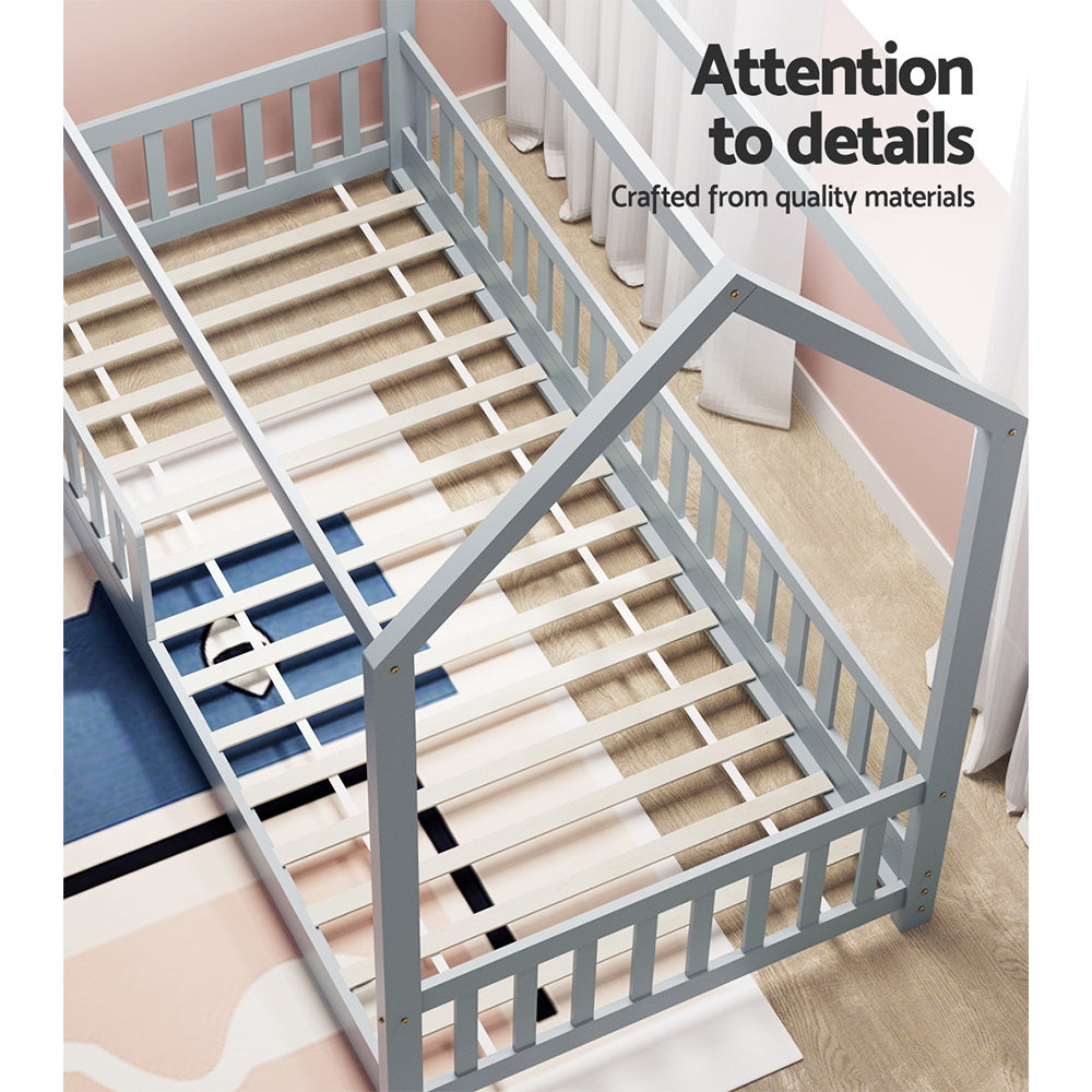 Rock Single Kids House Bed Frame Pine Wood Grey
